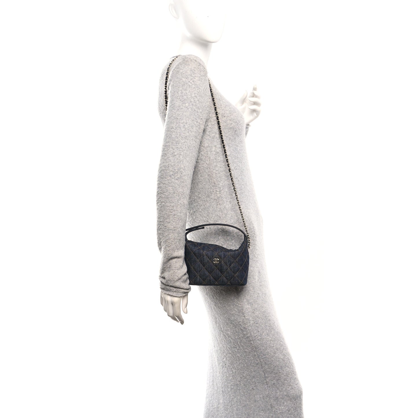 Denim Quilted Hobo Clutch With Chain Dark Blue Orange