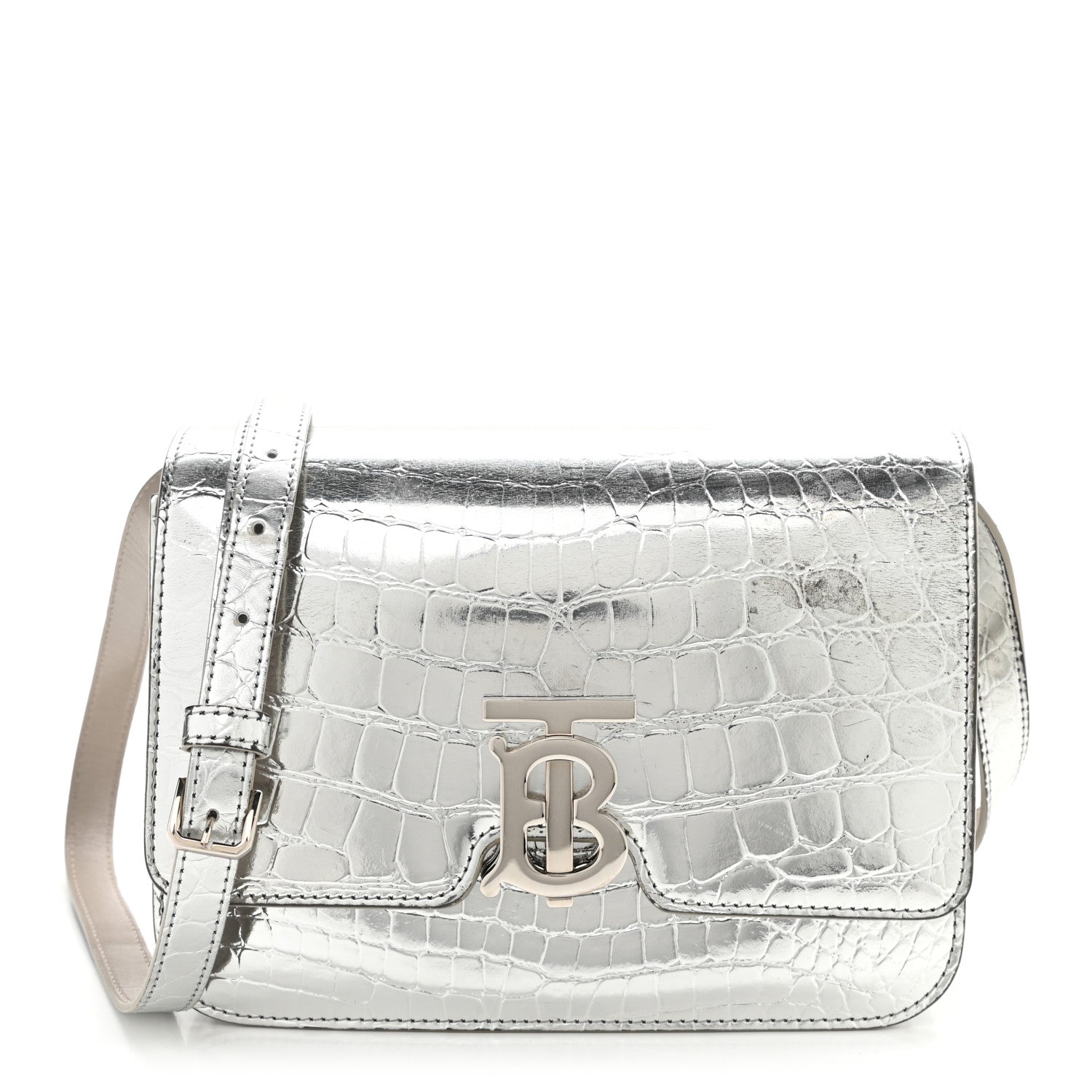 Burberry Metallic Patent Crocodile Embossed Small TB Shoulder Bag Silver 1 of 12