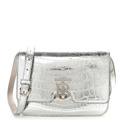 Burberry Metallic Patent Crocodile Embossed Small TB Shoulder Bag Silver 1 of 12