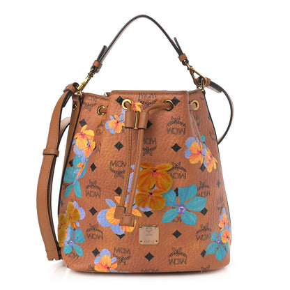 MCM Visetos Floral Print Small Drawstring Bucket Bag Cognac 1 of 12