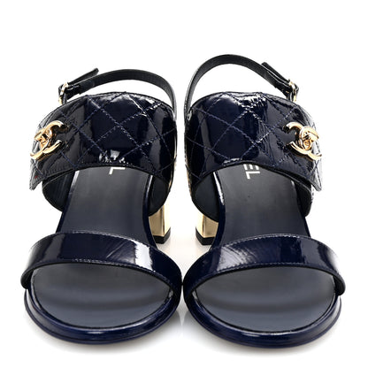 Chanel Patent Quilted CC Turnlock Sandals 38.5 Dark Blue 3 of 10