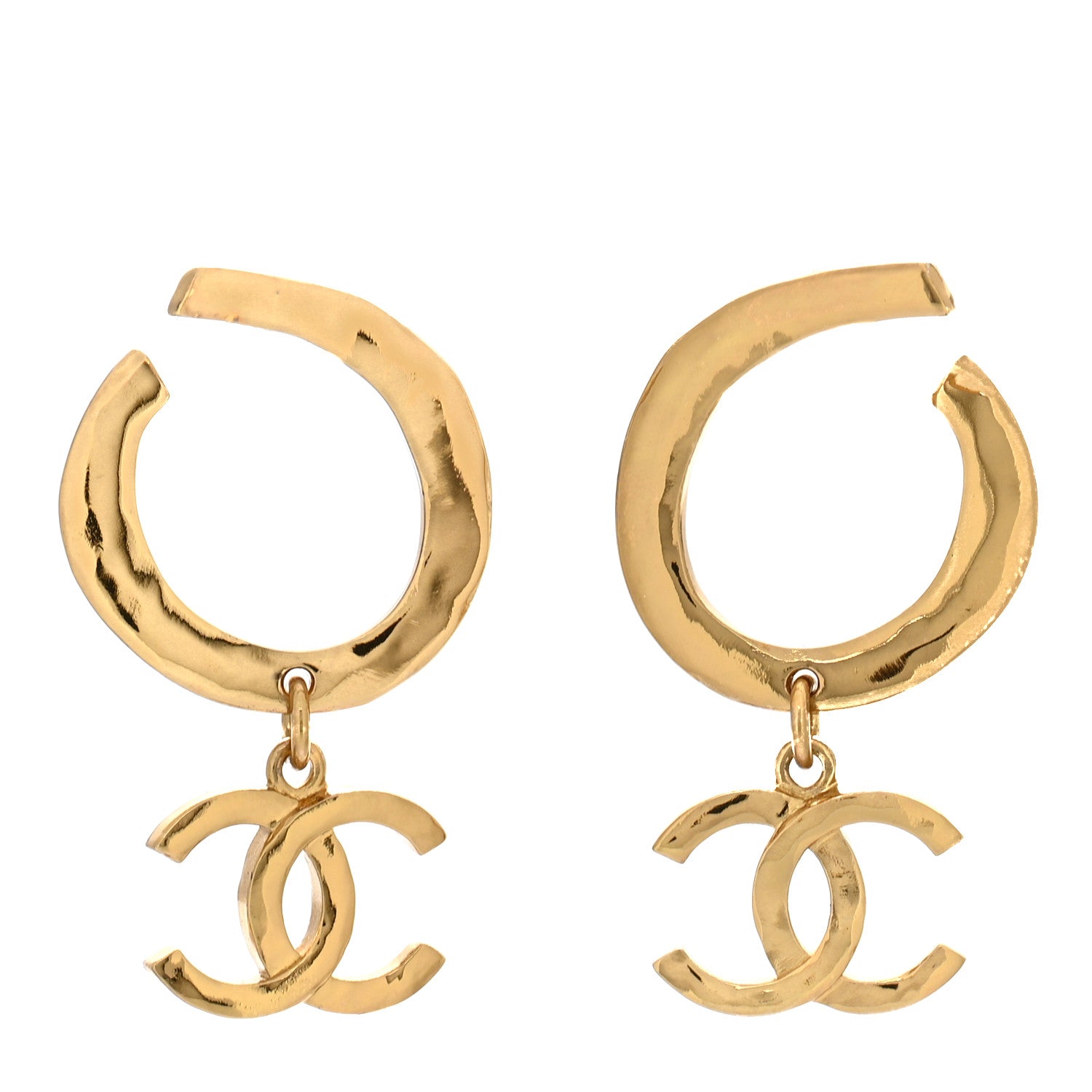 Chanel Metal Textured Hoop Drop CC Earrings Gold 1 of 5