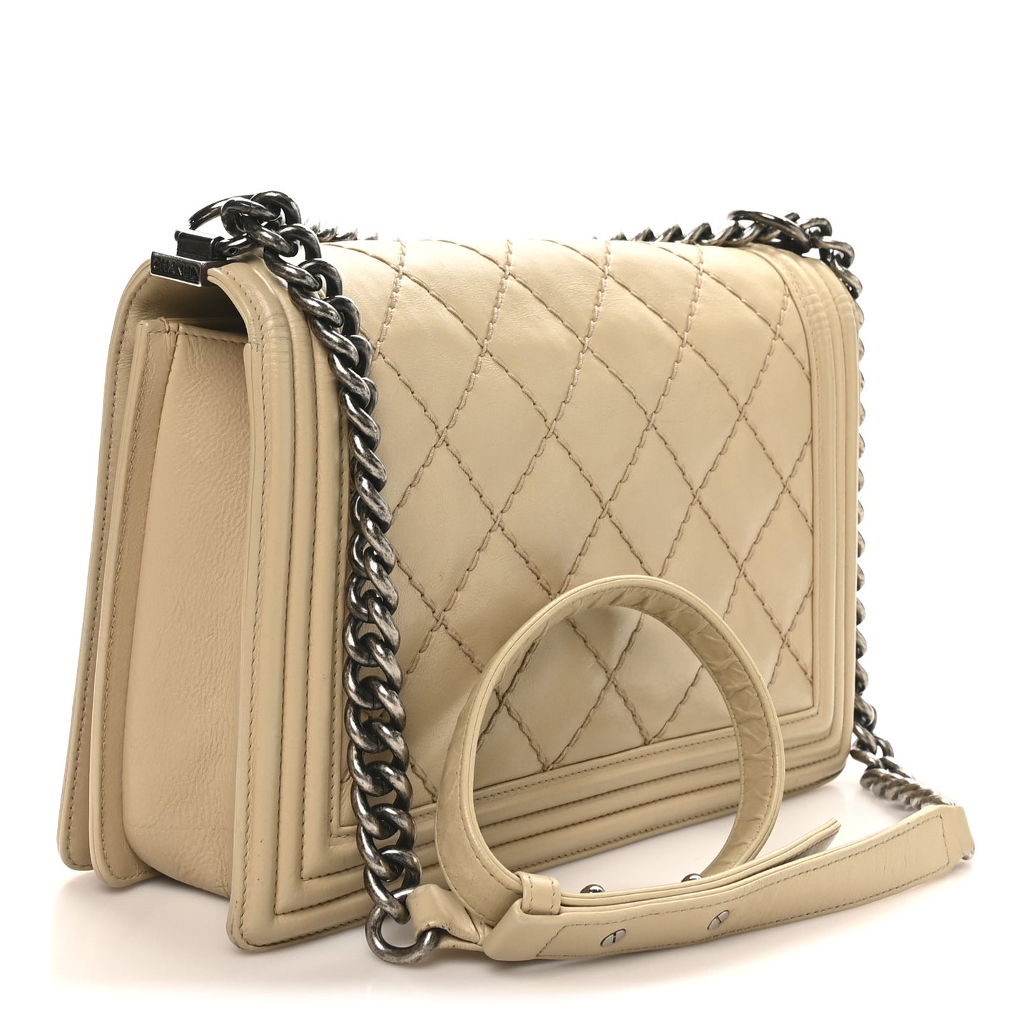 Calfskin Quilted Double Stitch New Medium Boy Flap Beige