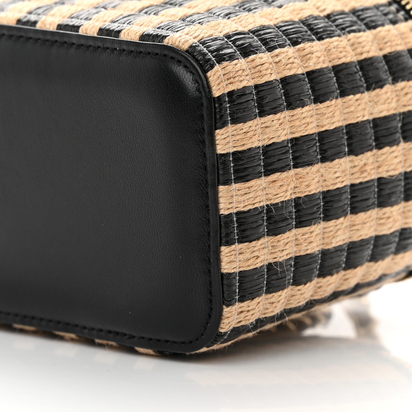 Raffia Jute Striped Small Vanity Case With Chain Black Beige