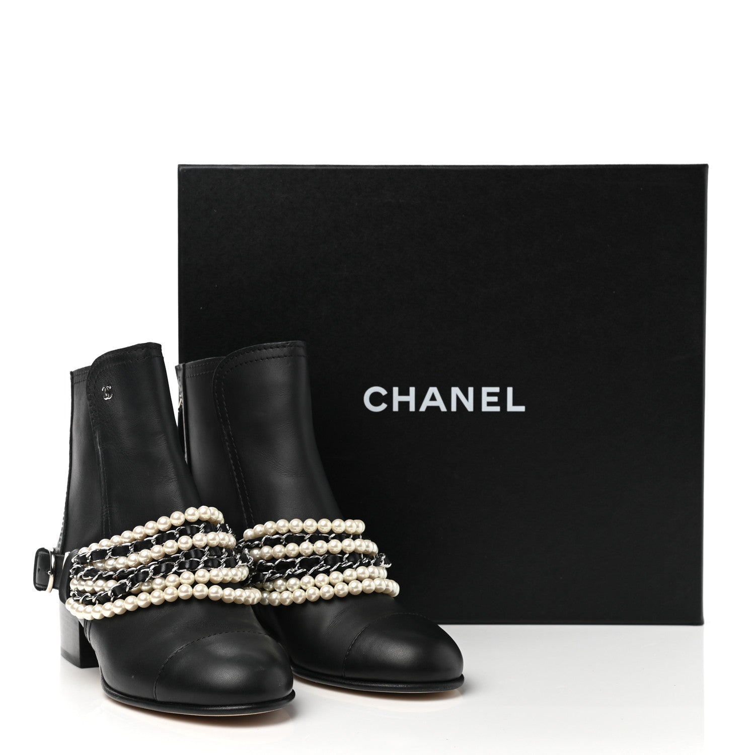 Chanel Calfskin Pearl Cap Toe Short Boots 37 Black 10 of 10