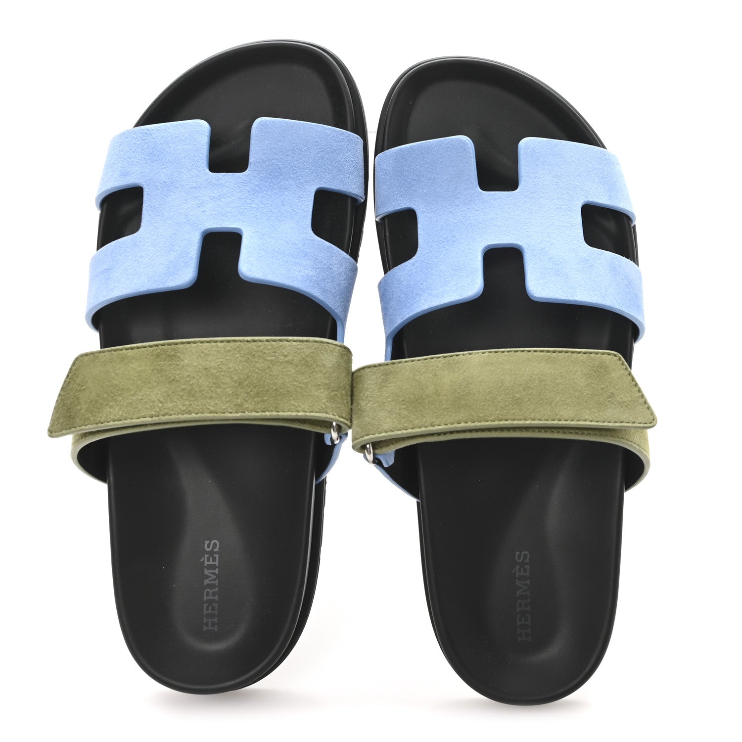 Hermes Suede Goatskin Womens Chypre Sandals 39 Bleu Cameo Vert 2 of 10