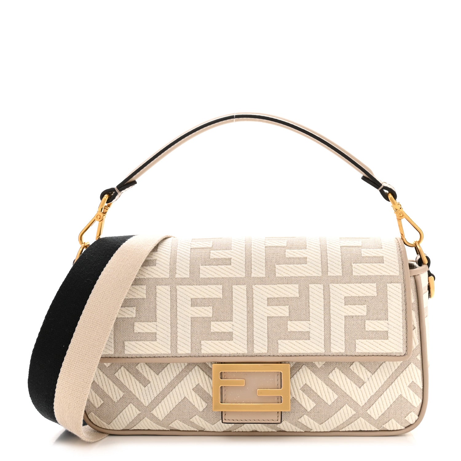 Fendi Canvas Vitello King FF Embroidered Baguette Grezzo White Nuvola 1 of 10