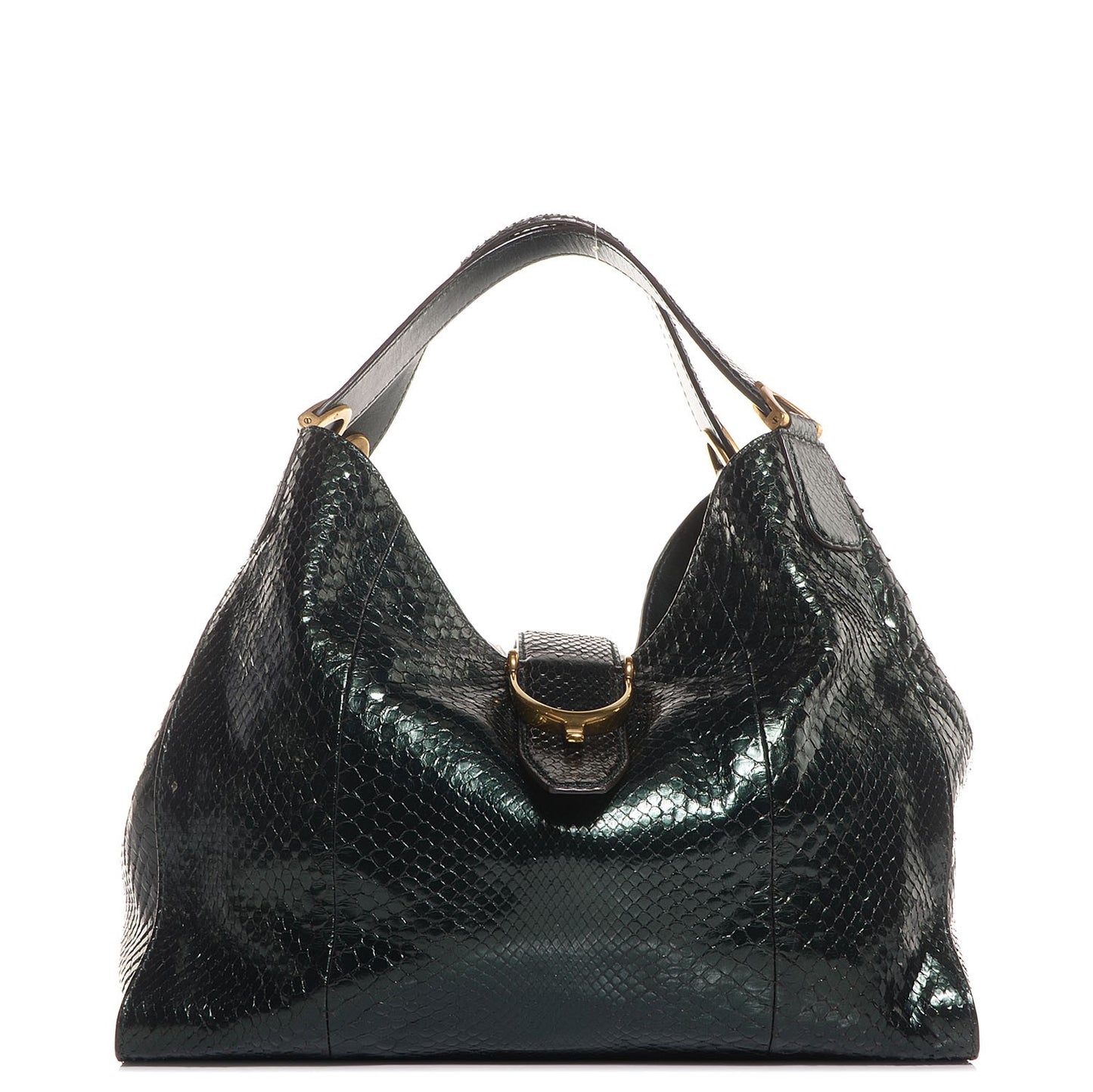 Shiny Python Medium Soft Stirrup Shoulder Bag Green