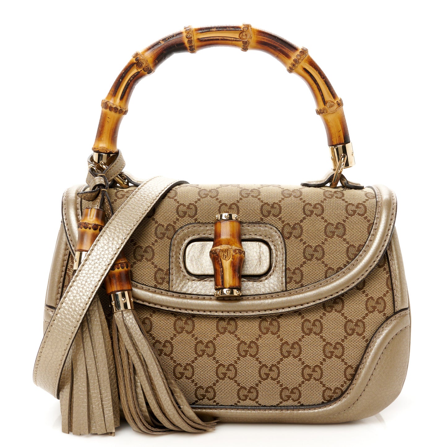 Monogram Metallic Calfskin Medium New Bamboo Top Handle Bag Golden Beige