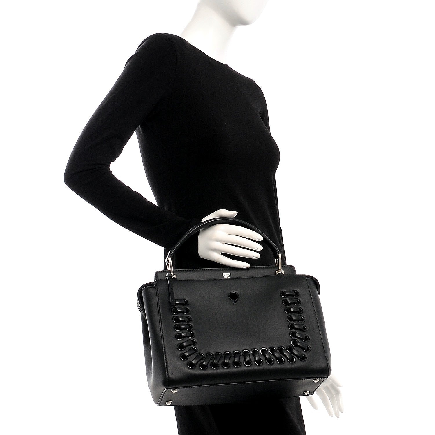 Fendi Vitello Baltico Dolce Shiny Nappa Lace Up DotCom Satchel Black Blue 3 of 11