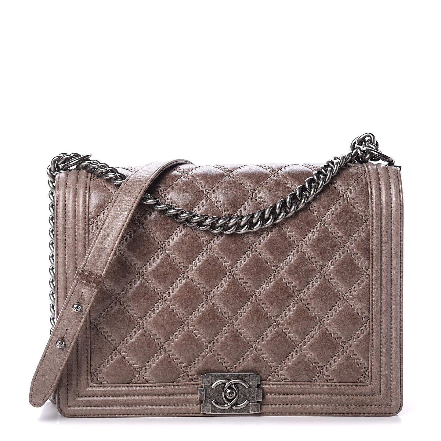 Calfskin Quilted Double Stitch Large Boy Flap Brown