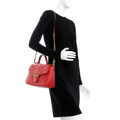 Gucci Calfskin Matelasse Small GG Marmont Top Handle Shoulder Bag Hibiscus Red 2 of 9