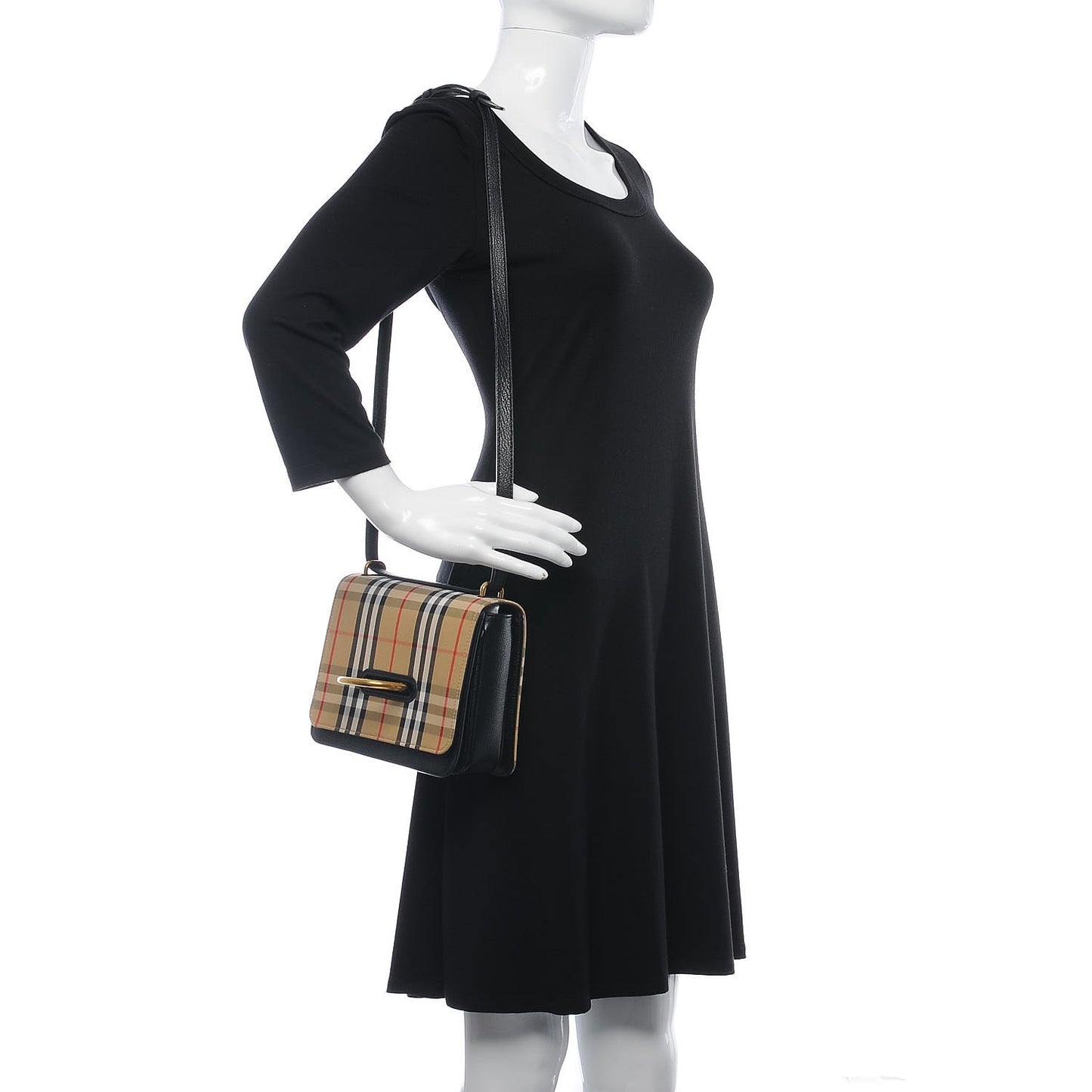 Goatskin Cotton Canvas Vintage Check Small D-Ring Bag Black Antique Yellow