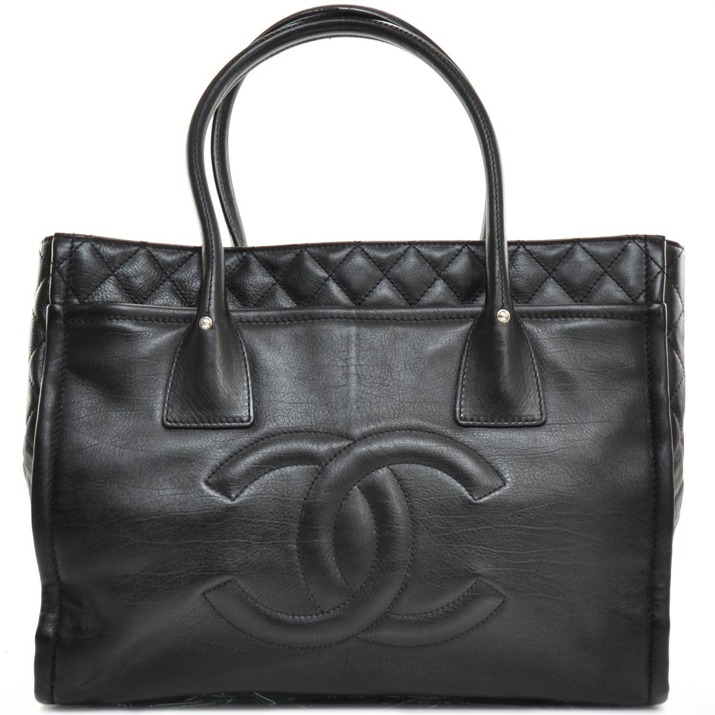 Leather Quilted Executive Cerf Shopper Tote Black