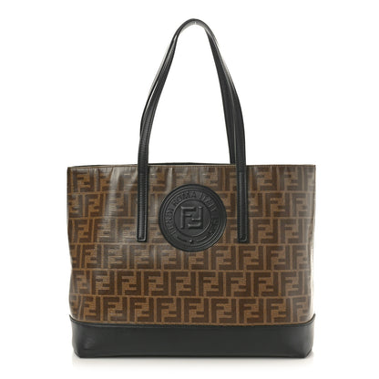 Fendi Glazed Fabric Vitello Century FF 1974 Stamp Patch Shopping Tote Mogano Panna Black 1 of 10