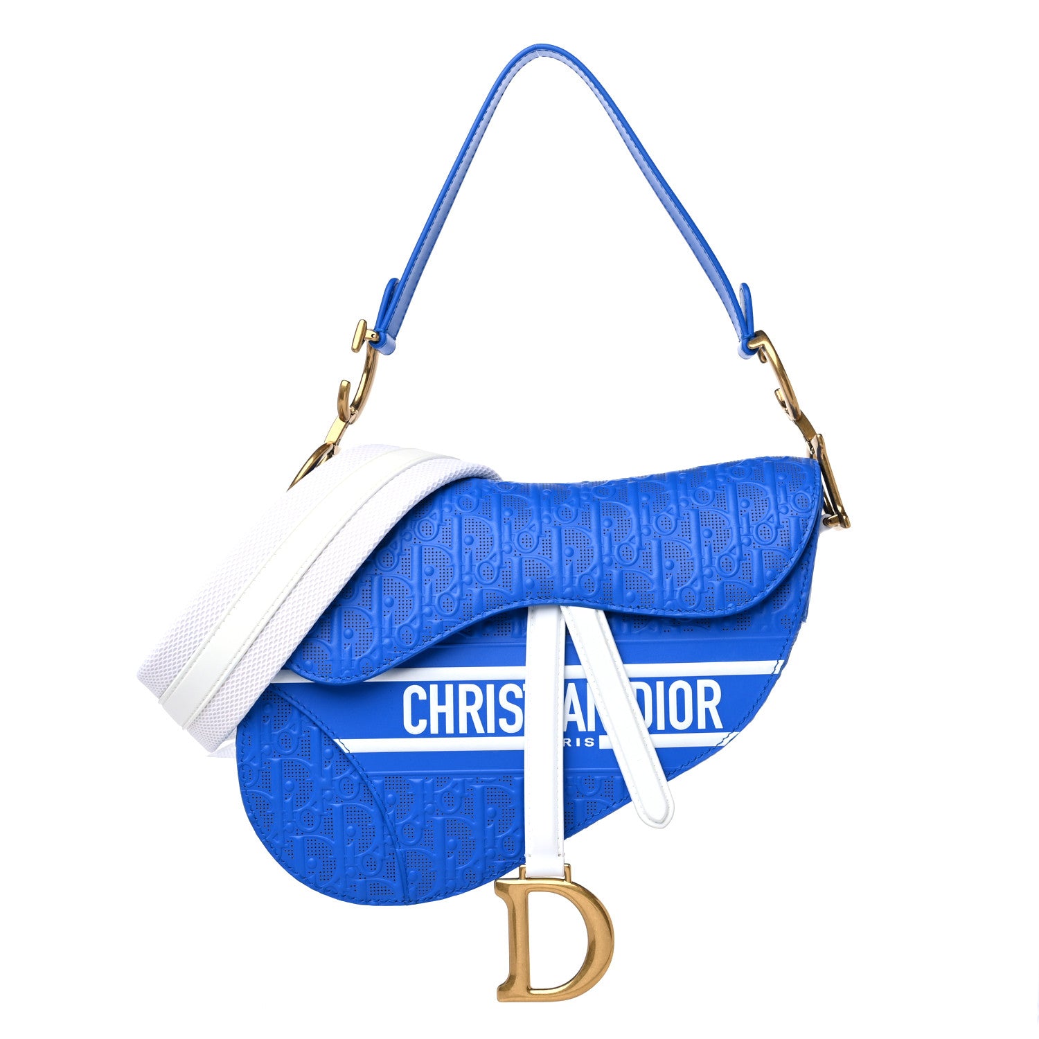 Christian Dior Perforated Calfskin Embossed Oblique Saddle Bag Blue White 1 of 10