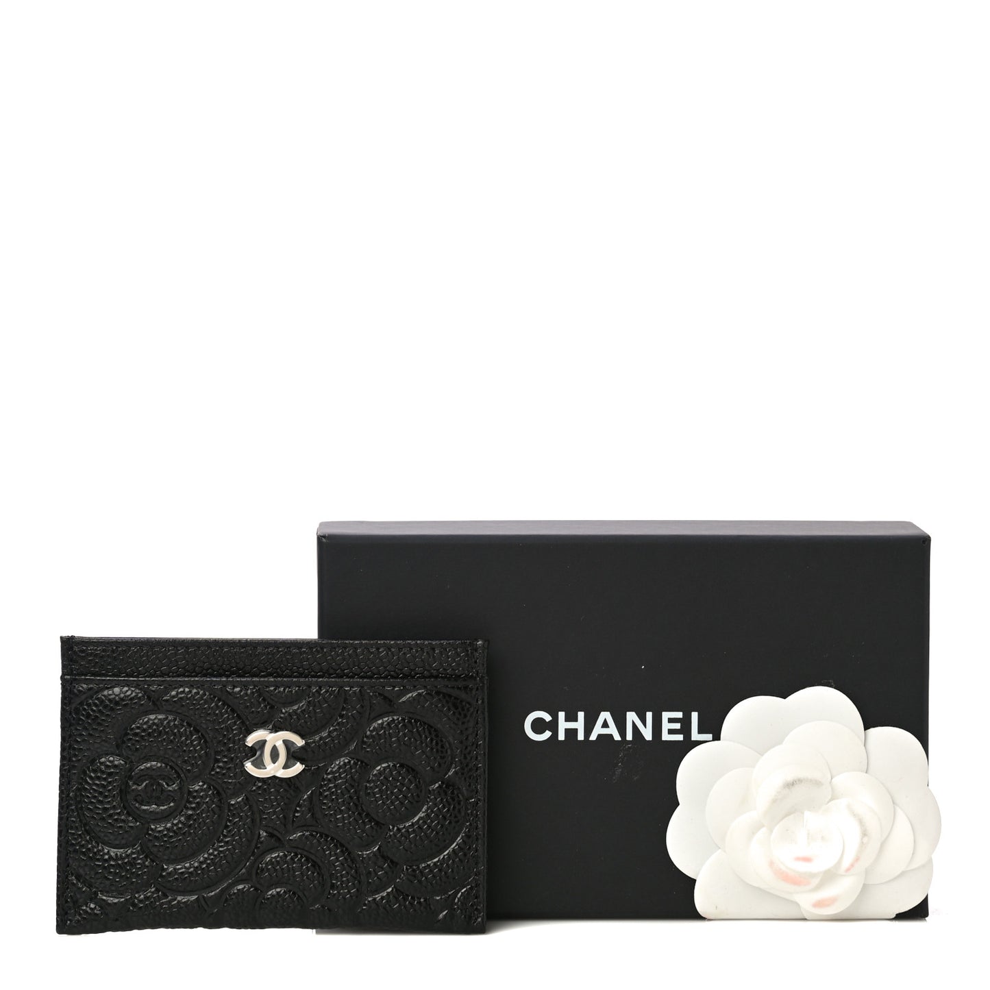 Caviar Camellia Embossed Card Holder Black
