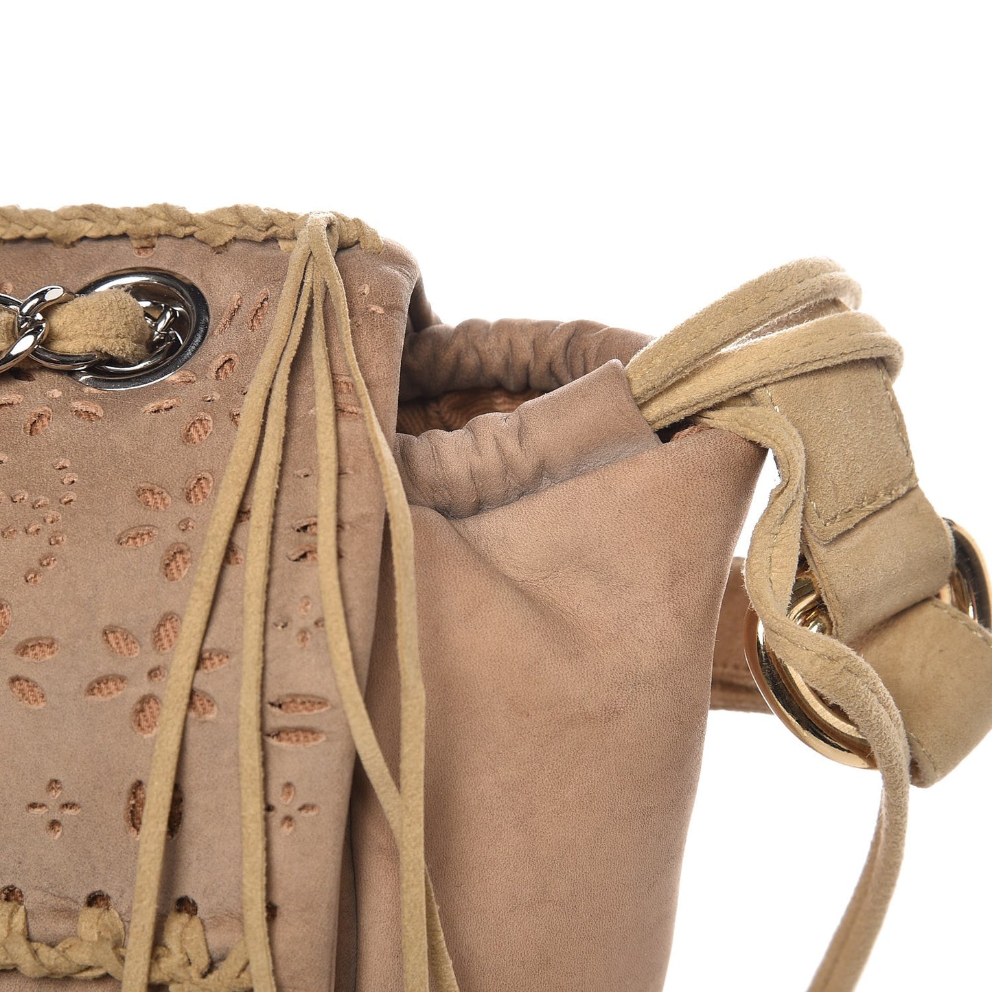 Suede Calfskin Perforated Fringe Flap Beige