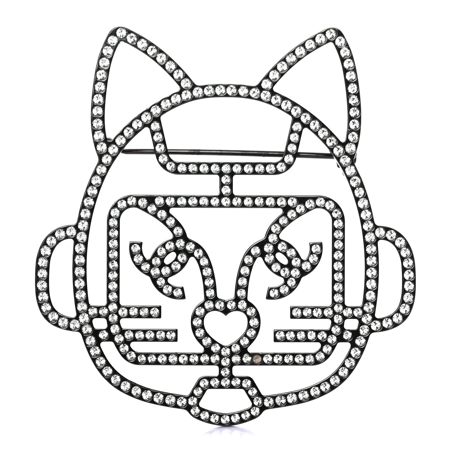 Chanel Strass Crystal Emoji Robot Cat Brooch Black Silver 1 of 4