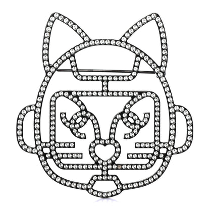 Chanel Strass Crystal Emoji Robot Cat Brooch Black Silver 1 of 4