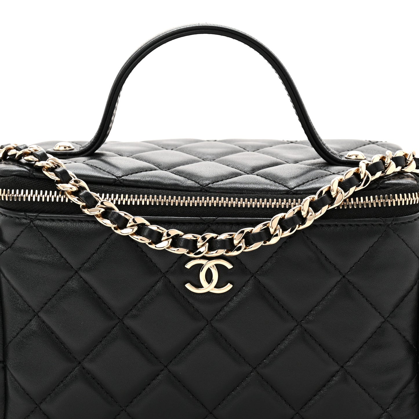 Lambskin Quilted Multi Pocket Top Handle Vanity With Chain Black