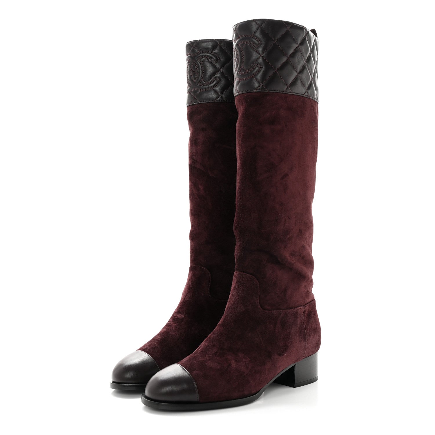 Chanel Suede Calfskin Lambskin Quilted Knee High Boots 37.5 Dark Purple 3 of 13