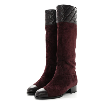Chanel Suede Calfskin Lambskin Quilted Knee High Boots 37.5 Dark Purple 3 of 13