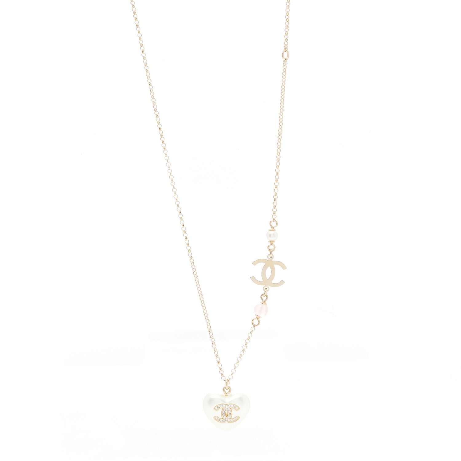 Chanel Resin Crystal CC Heart Necklace Pearly White Gold 1 of 6