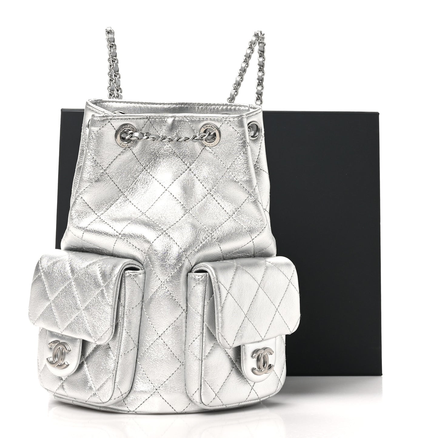Metallic Lambskin Quilted Double Pocket Backpack Silvery