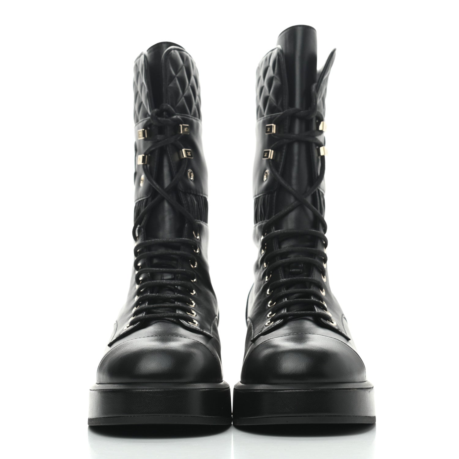 Chanel Lambskin Quilted Lace Up Combat Boots 41 Black 2 of 8