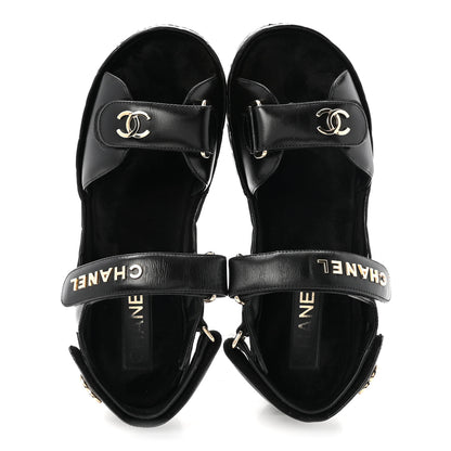 Chanel Shiny Calfskin Logo Platform Sandals 38 Black 2 of 10