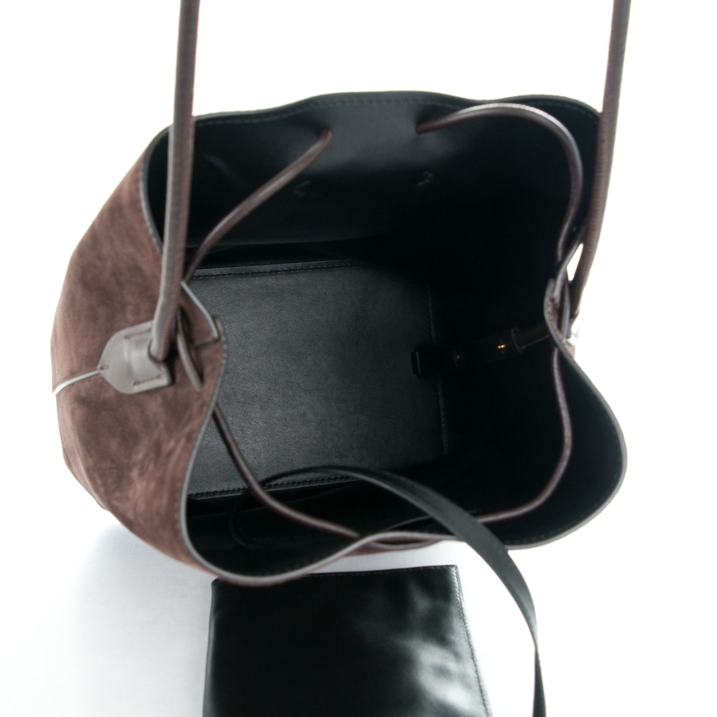 Suede Medium Double Tassel Bucket Bag Dark Brown