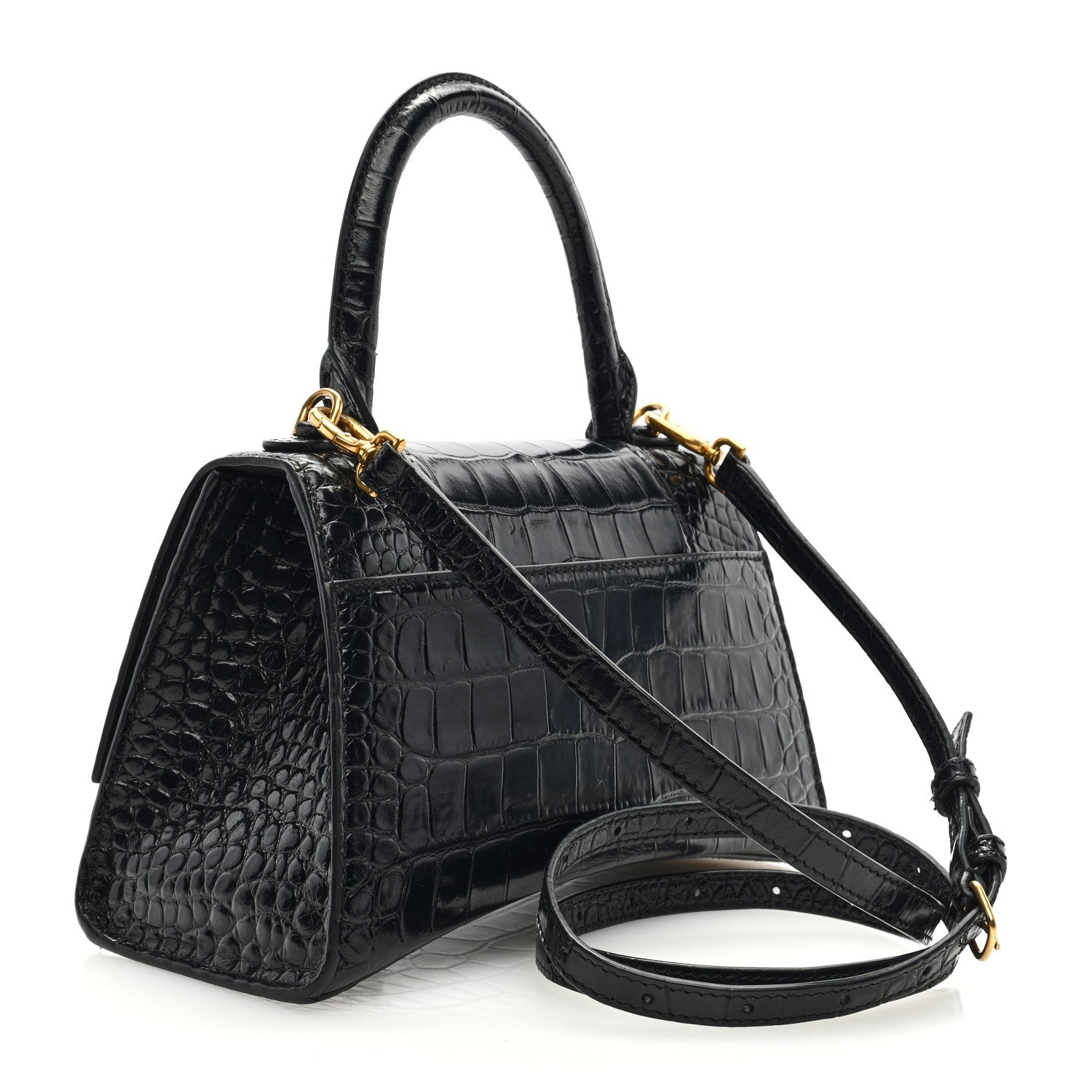 Balenciaga Shiny Calfskin Crocodile Embossed Small Hourglass Top Handle Bag Black 3 of 9