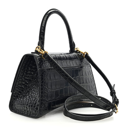 Balenciaga Shiny Calfskin Crocodile Embossed Small Hourglass Top Handle Bag Black 3 of 9