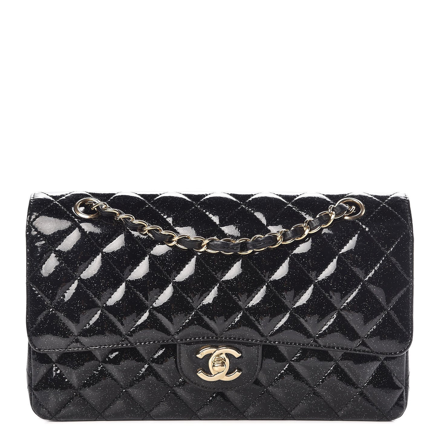 Patent Quilted Sparkle Glitter Medium Double Flap Black