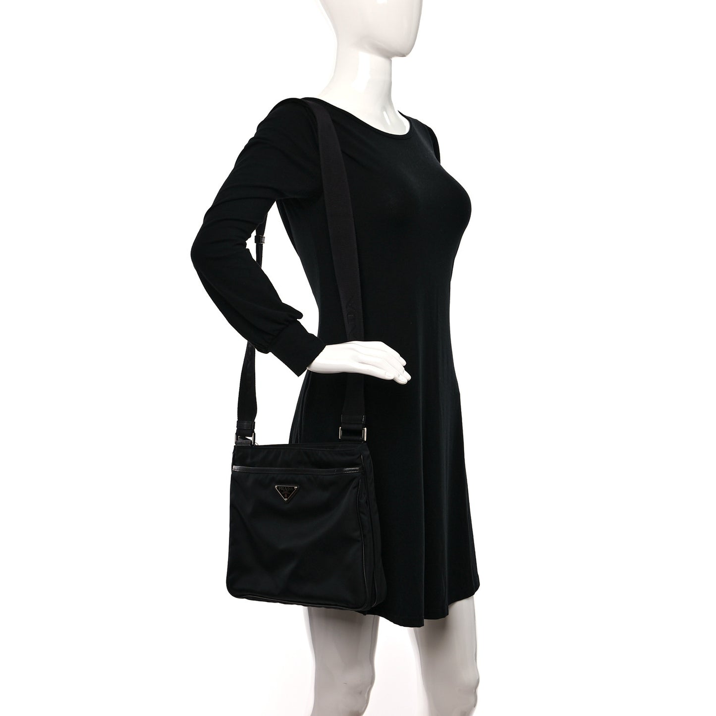 Re-Nylon Saffiano Pocket Flat Messenger Bag Black