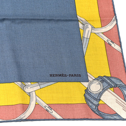 Hermes Cashmere Silk Encadre Eperon d'Or Scarf 90 Bleu Jean Jaune 4 of 4