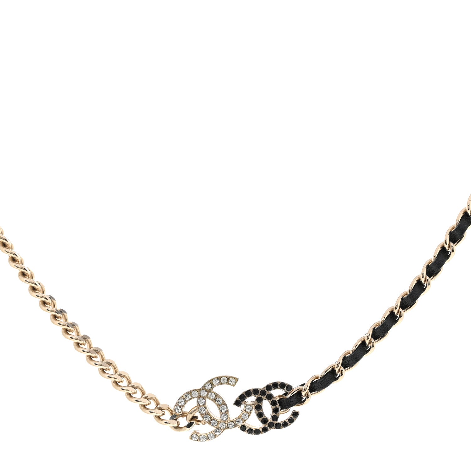 Chanel Metal Calfskin Crystal Double CC Short Necklace Black Gold 1 of 7