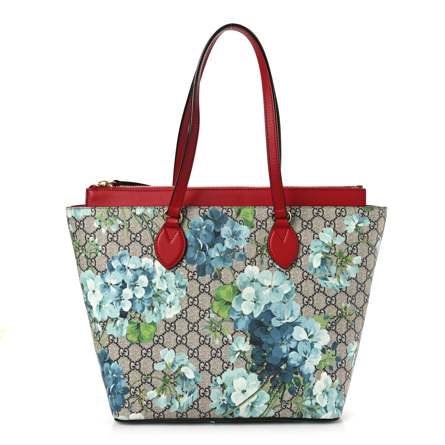 GG Supreme Monogram Blooms Medium Zippered Bucket Tote Beige Blue Navy Hibiscus Red