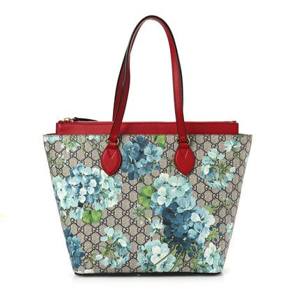 Gucci GG Supreme Monogram Blooms Medium Zippered Bucket Tote Beige Blue Navy Hibiscus Red 1 of 11