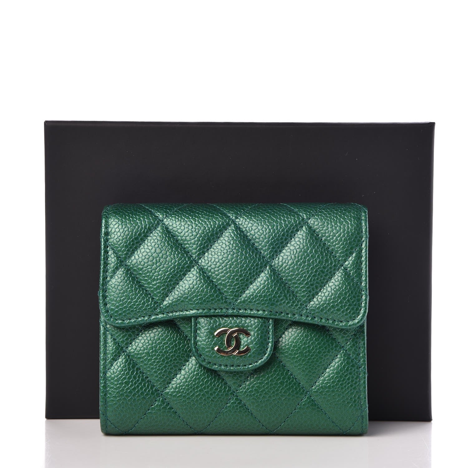 Chanel Metallic Quilted Compact Flap Wallet Green 9 of 9