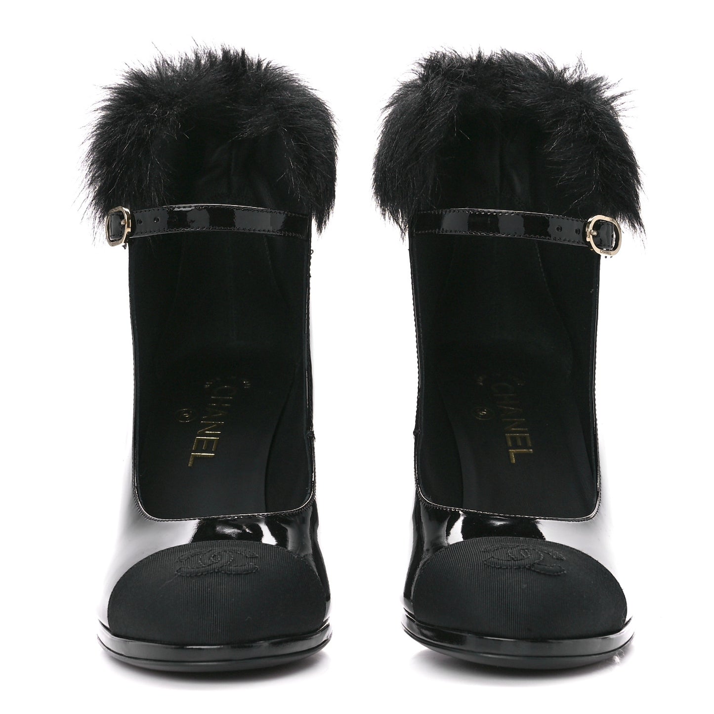 Patent Shearling Lambskin Cap Toe Mary Jane Pumps 39 Black