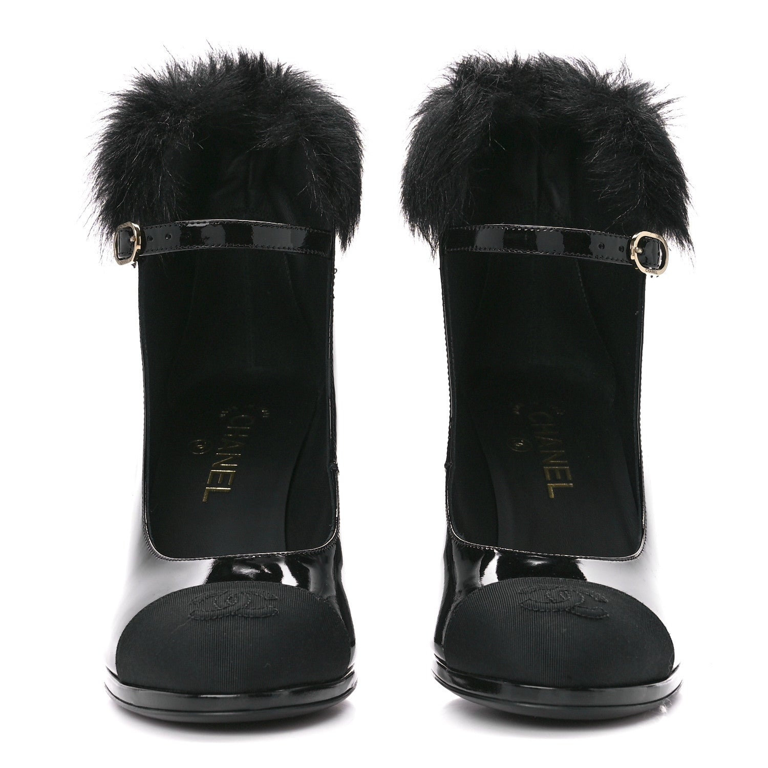 Chanel Patent Shearling Lambskin Cap Toe Mary Jane Pumps 39 Black 2 of 9