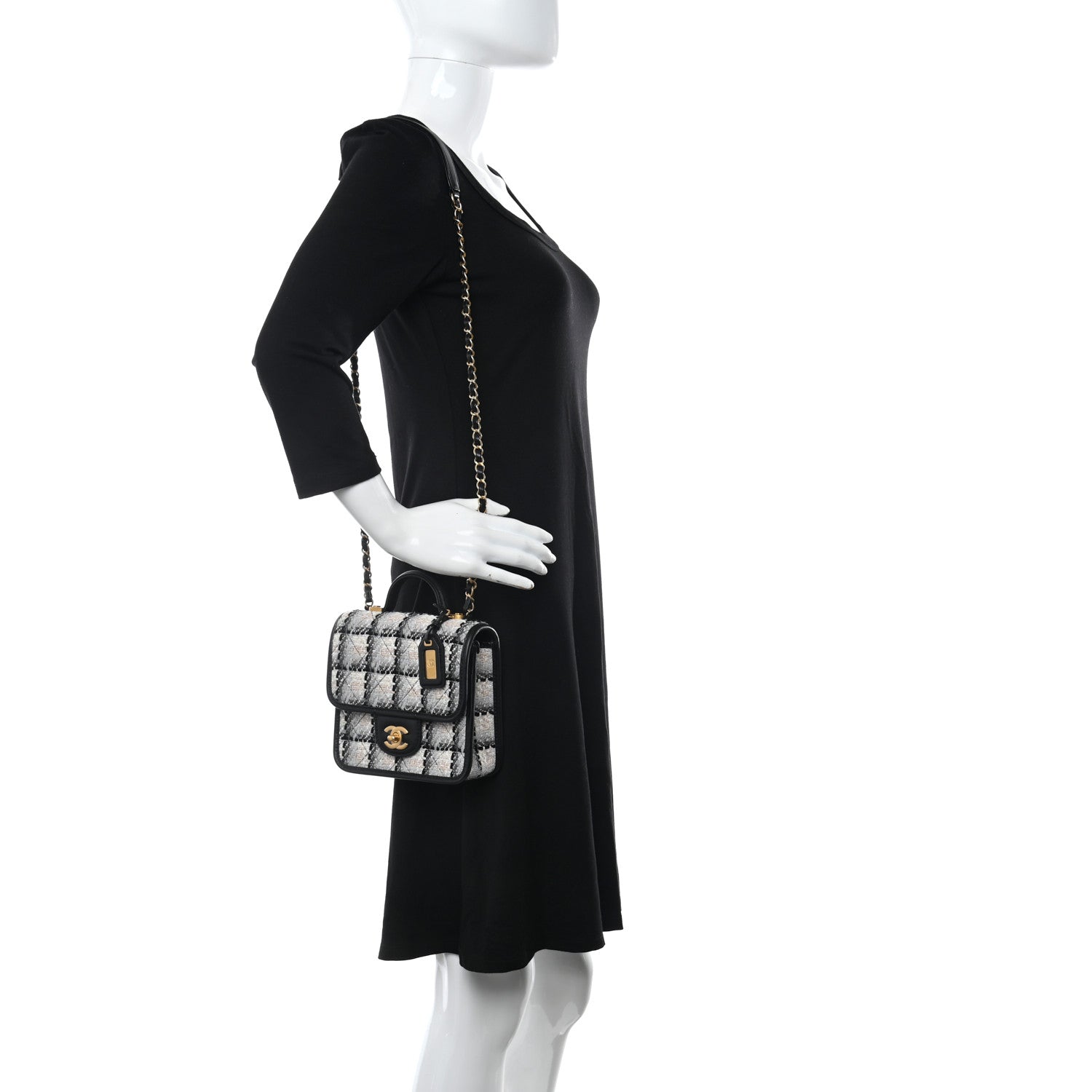 Chanel Tweed Calfskin School Memory Mini Top Handle Flap Ecru Grey Beige Black 2 of 11