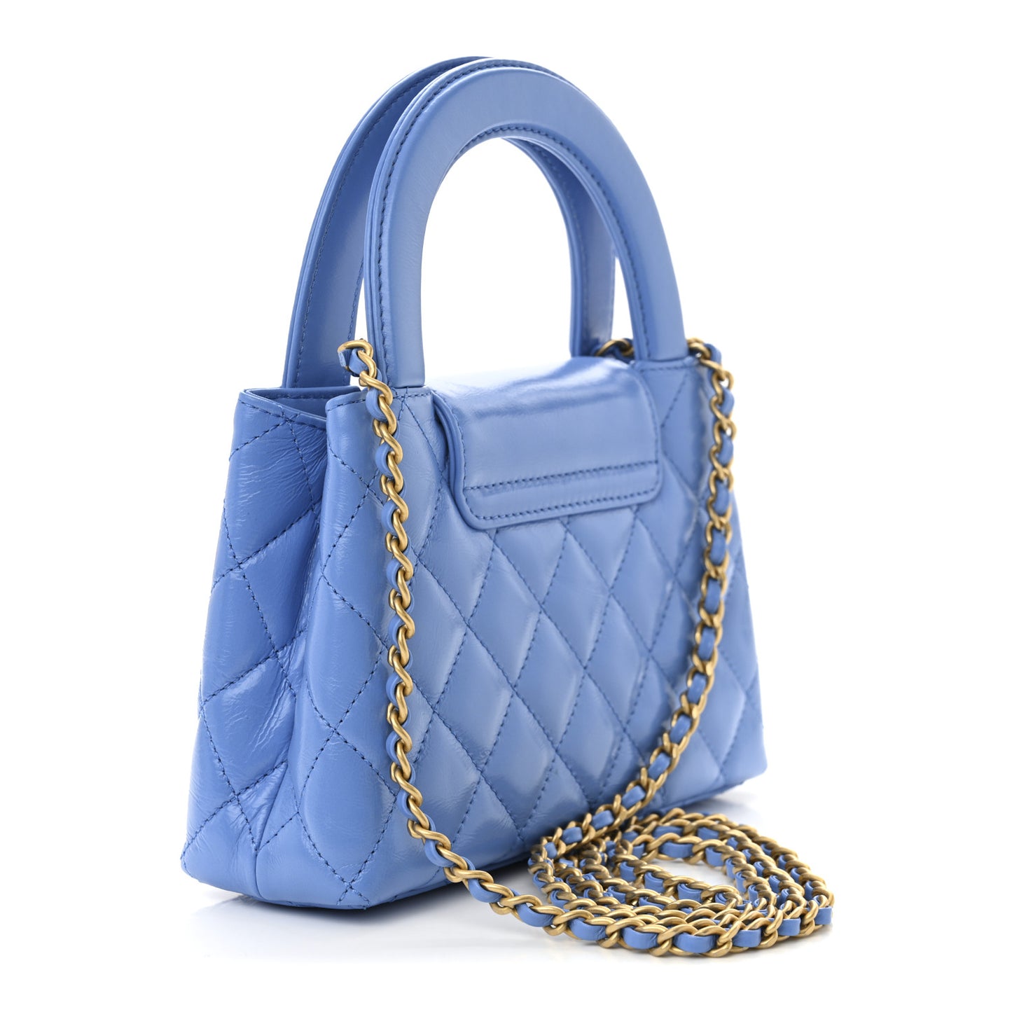 Shiny Aged Calfskin Quilted Nano Kelly Shopper Blue