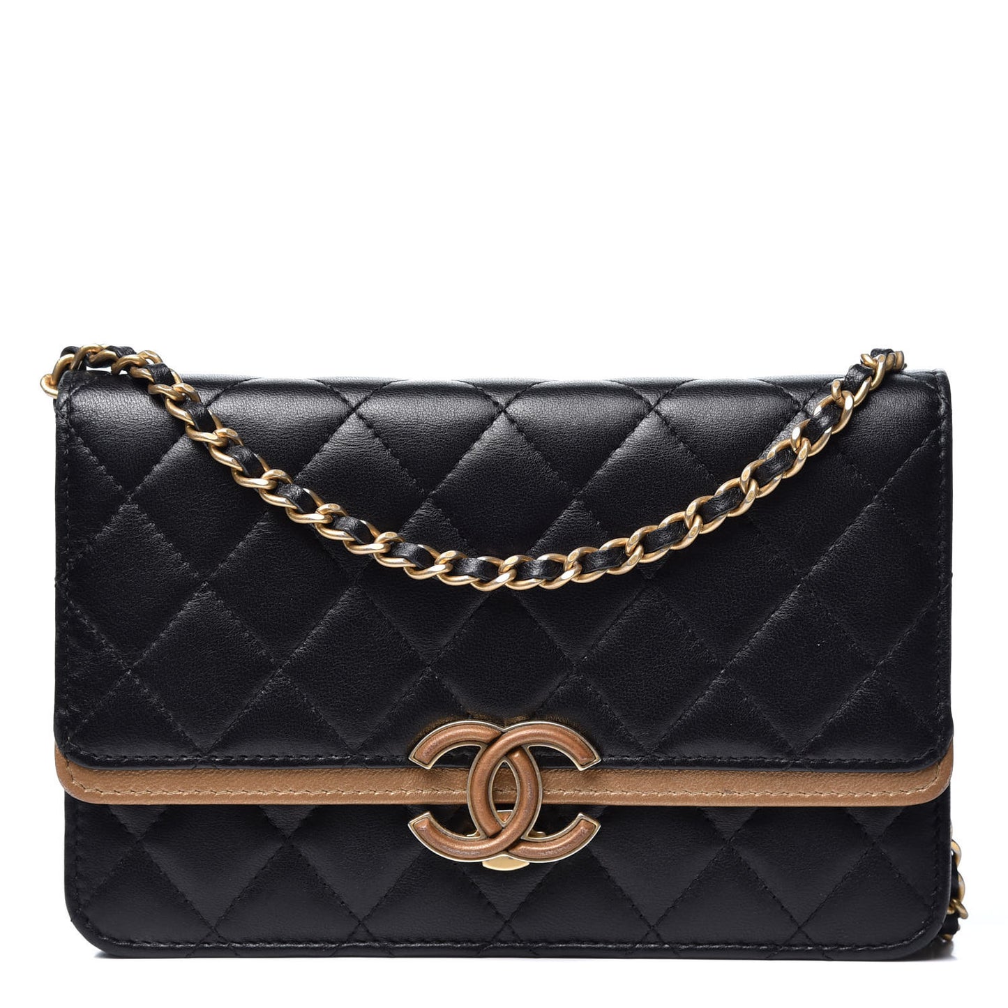 Lambskin Quilted CC Chic Wallet on Chain WOC Black Gold