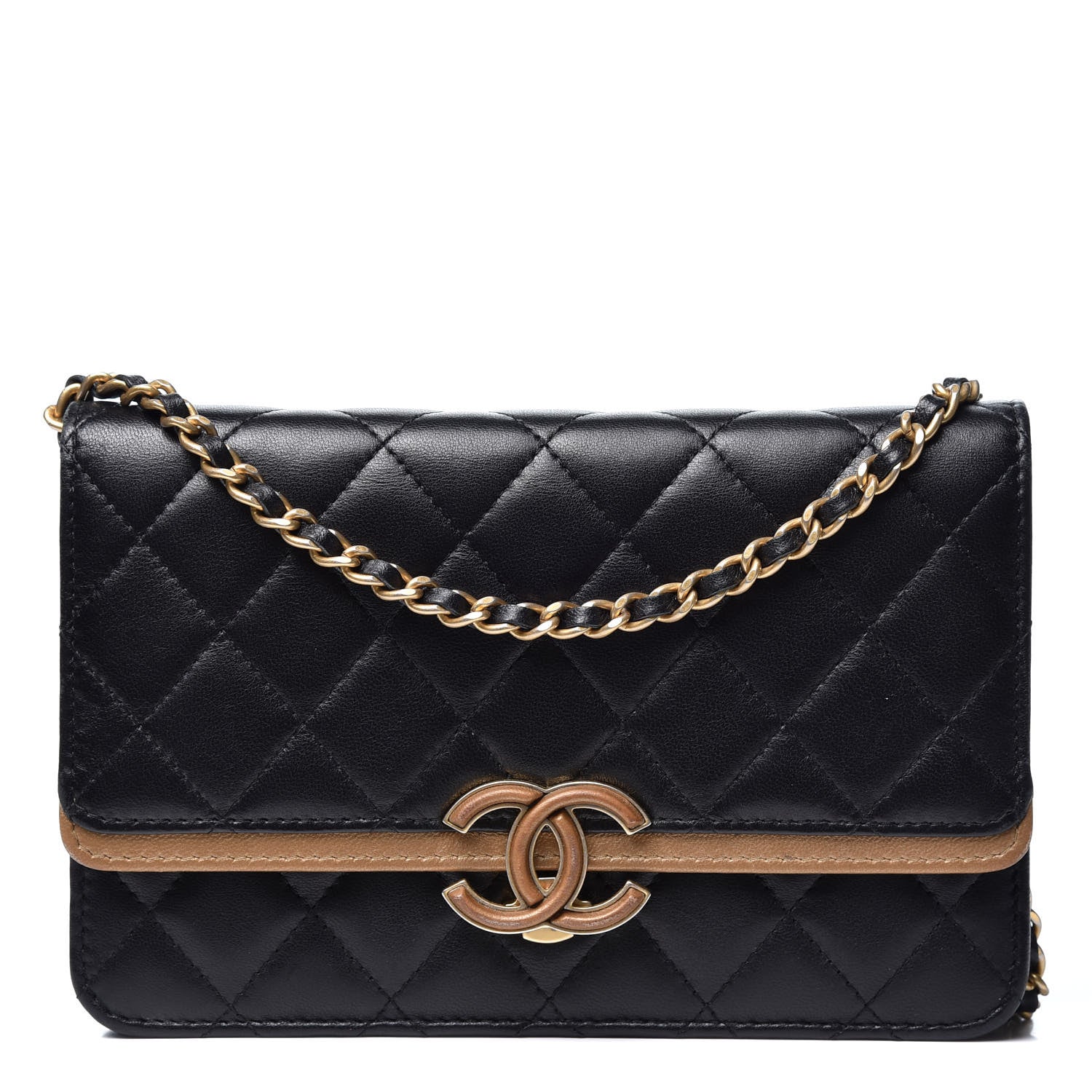 Chanel Lambskin Quilted CC Chic Wallet on Chain WOC Black Gold 1 of 10
