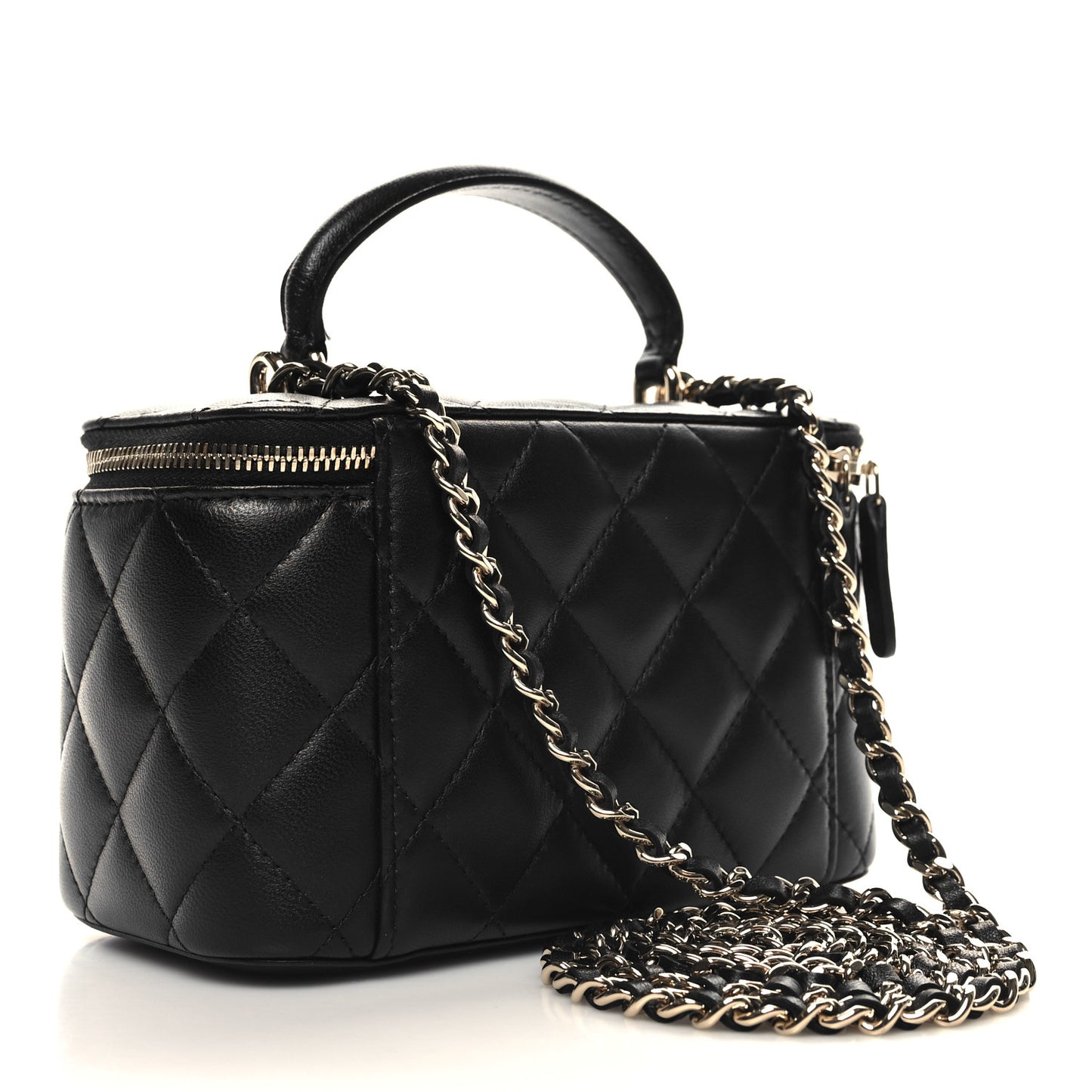 Lambskin Quilted Small Top Handle Vanity Case With Chain Black
