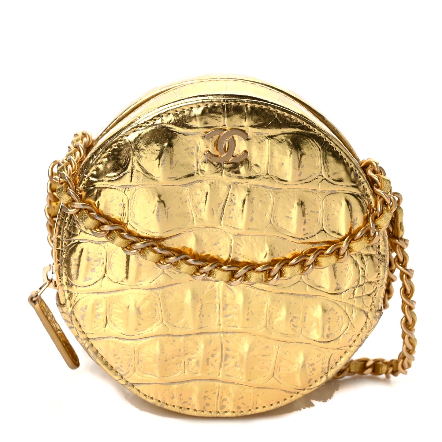 Metallic Calfskin Crocodile Embossed Cocodile Round Clutch with Chain Gold