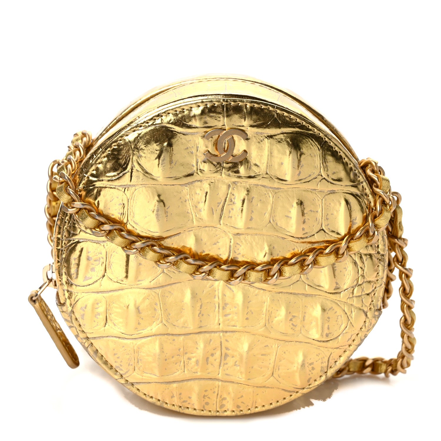 Chanel Metallic Calfskin Crocodile Embossed Cocodile Round Clutch with Chain Gold 1 of 9